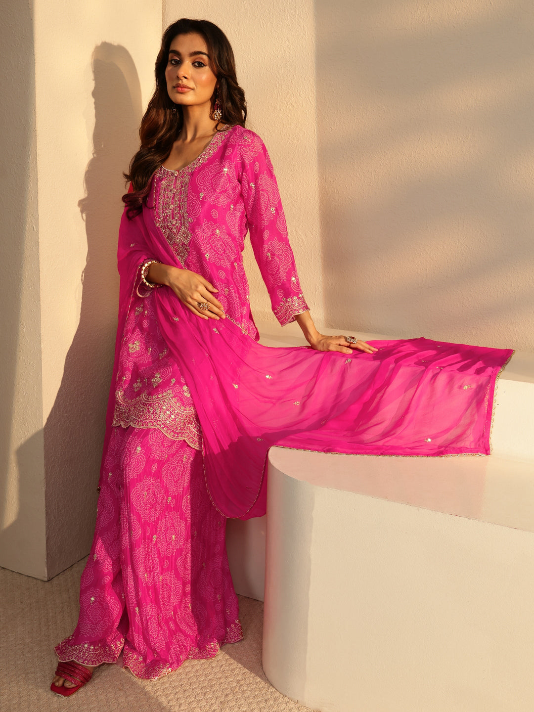  Libas Art Pink Bandhani Print Embellished Chinon Palazzo Straight Suit Set 