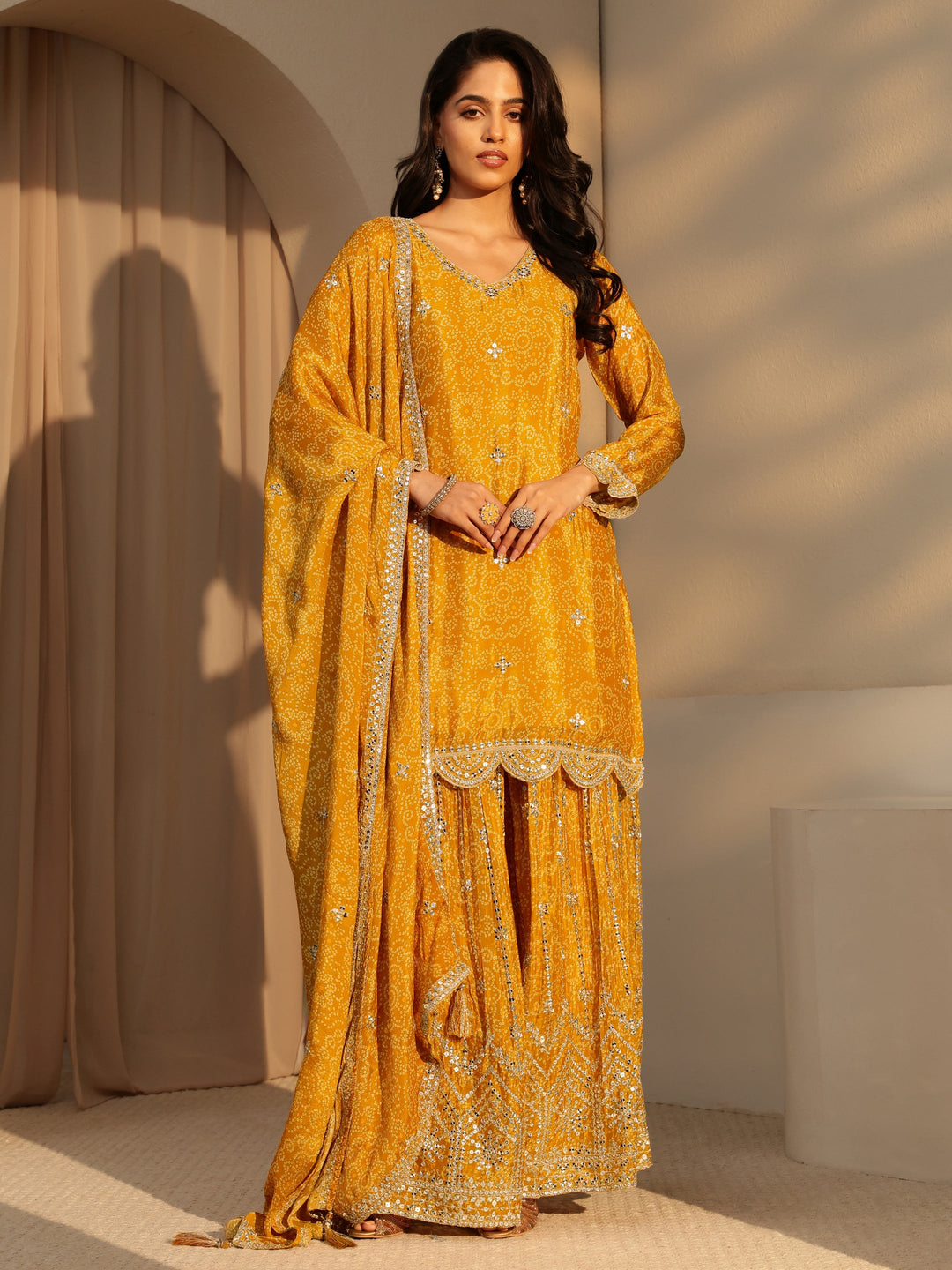  Libas Art Yellow bandhani Printed Chinon Straight Suit Set 