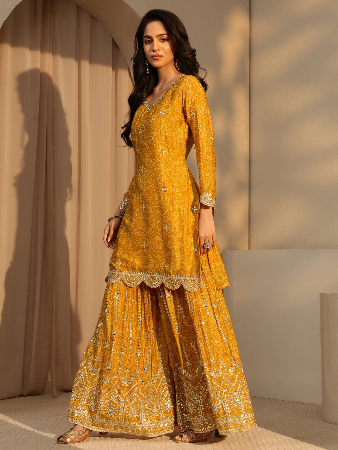  Libas Art Yellow bandhani Printed Chinon Straight Suit Set 