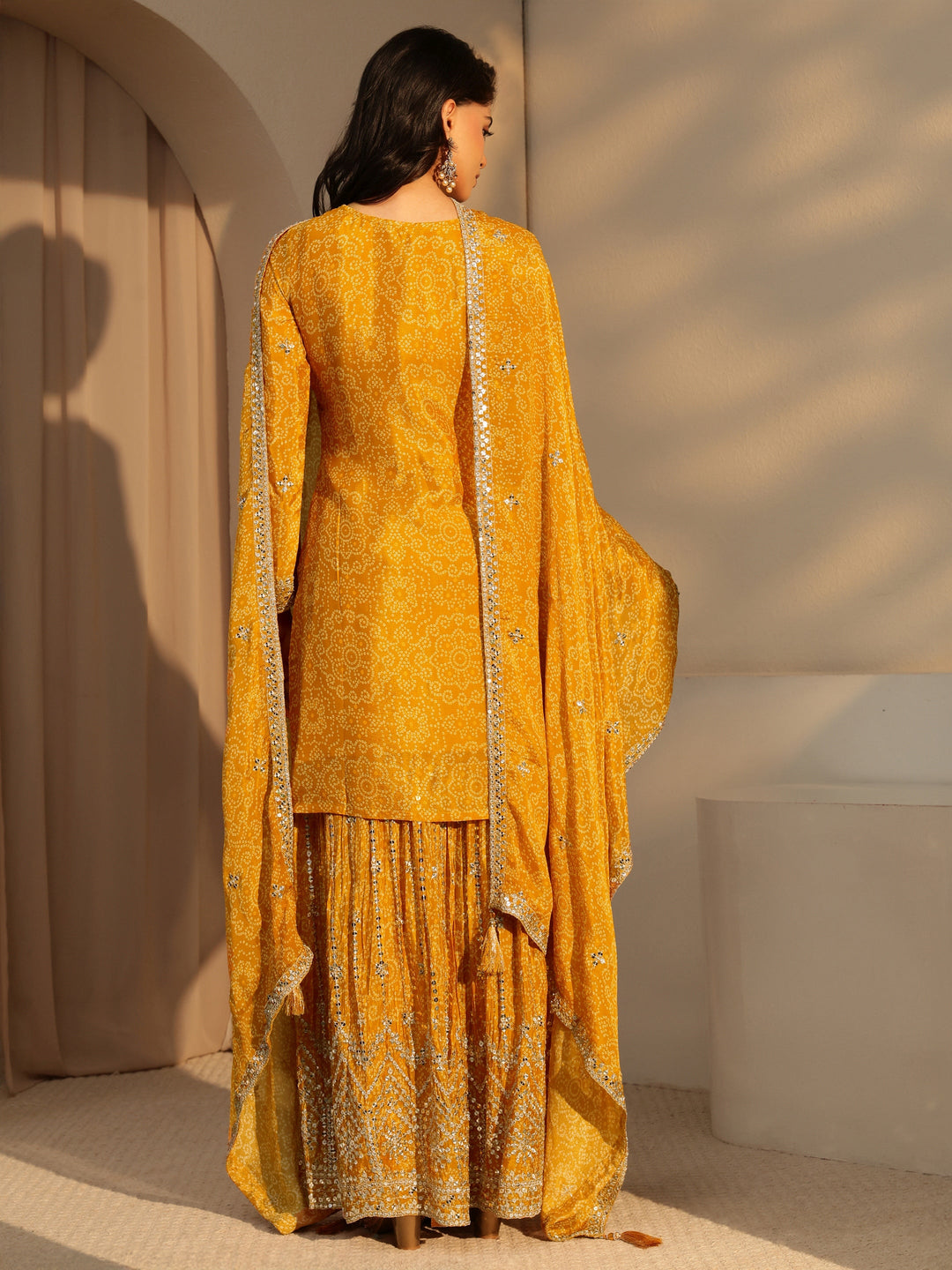  Libas Art Yellow bandhani Printed Chinon Straight Suit Set 