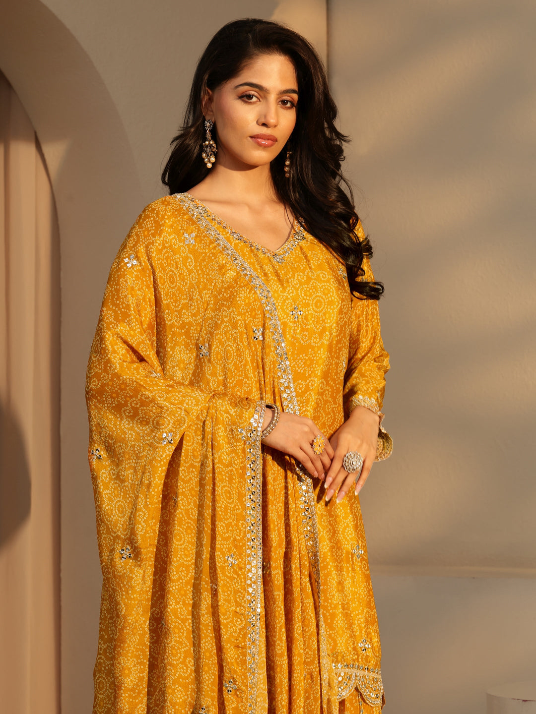  Libas Art Yellow bandhani Printed Chinon Straight Suit Set 