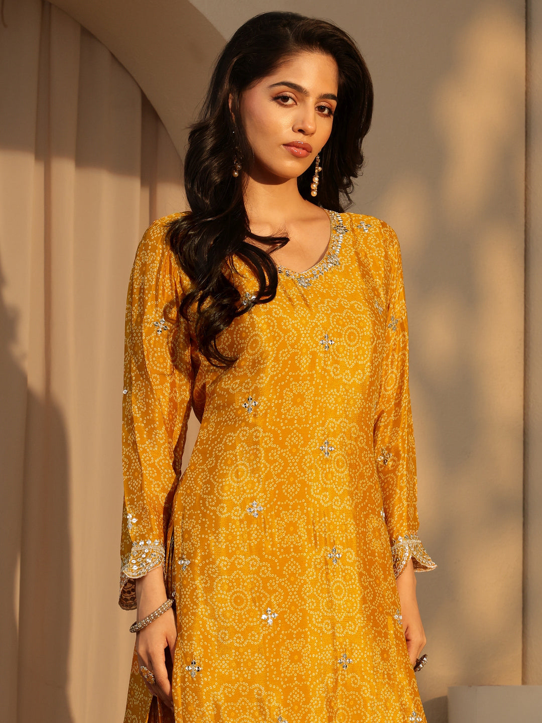  Libas Art Yellow bandhani Printed Chinon Straight Suit Set 