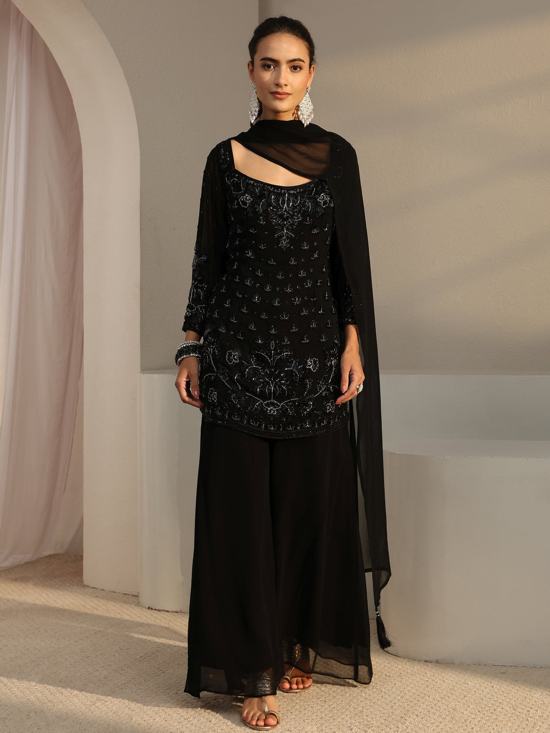  Libas Art Black Embellished Georgette Palazzo Suit Set With Dupatta 