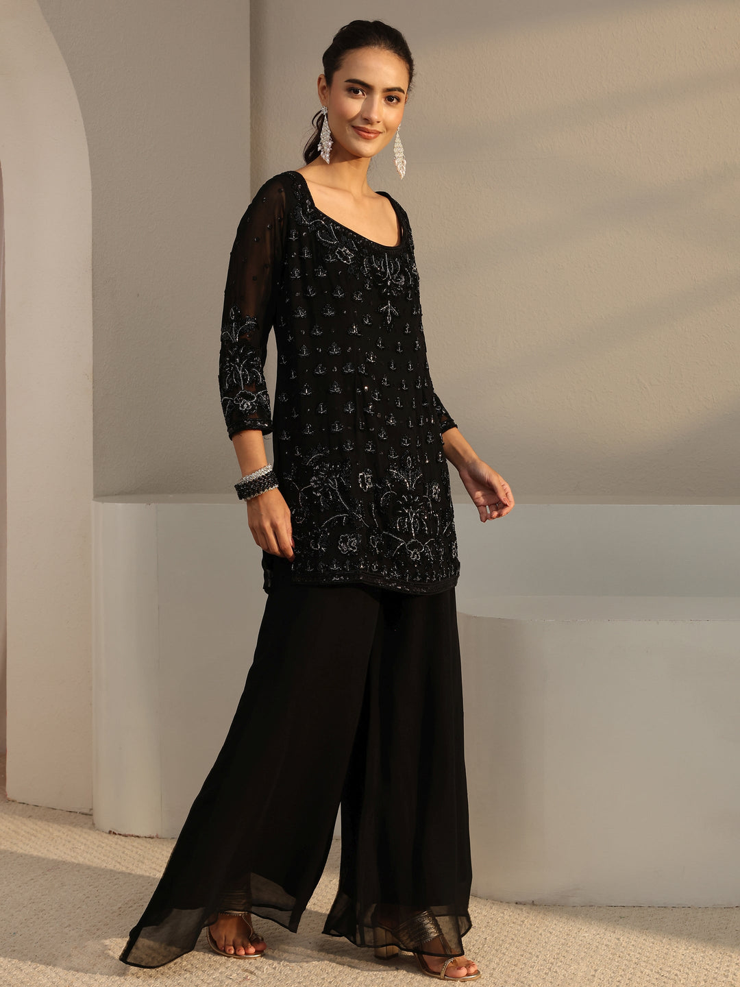  Libas Art Black Embellished Georgette Palazzo Suit Set With Dupatta 