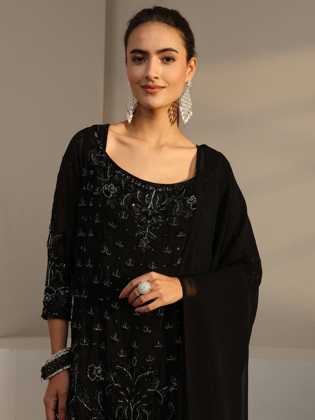  Libas Art Black Embellished Georgette Palazzo Suit Set With Dupatta 
