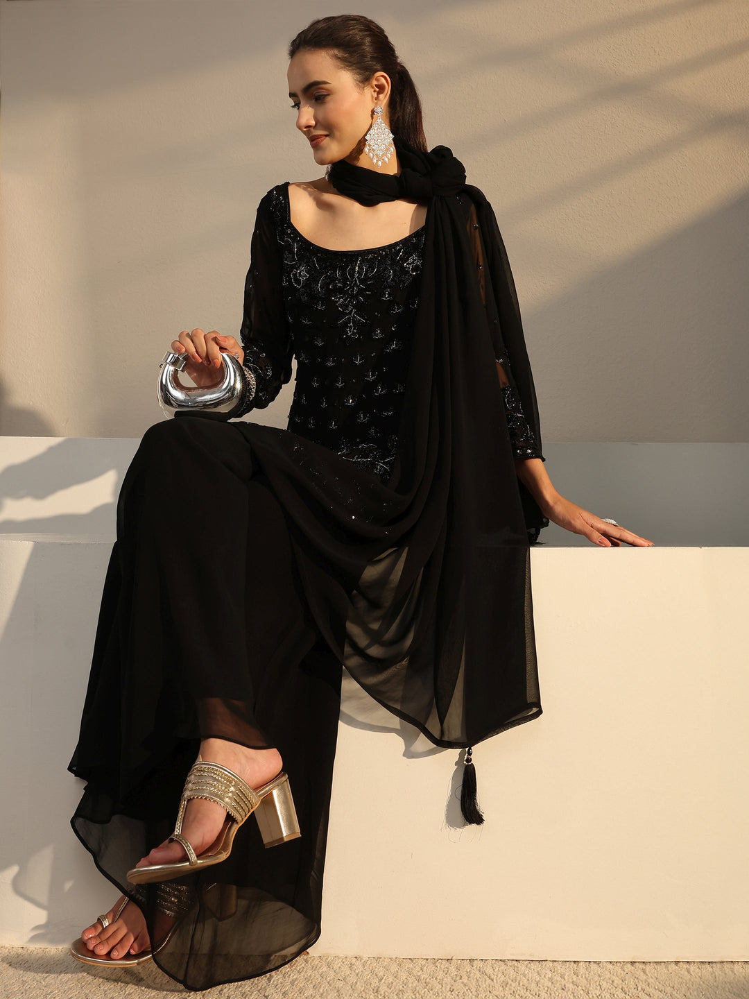  Libas Art Black Embellished Georgette Palazzo Suit Set With Dupatta 
