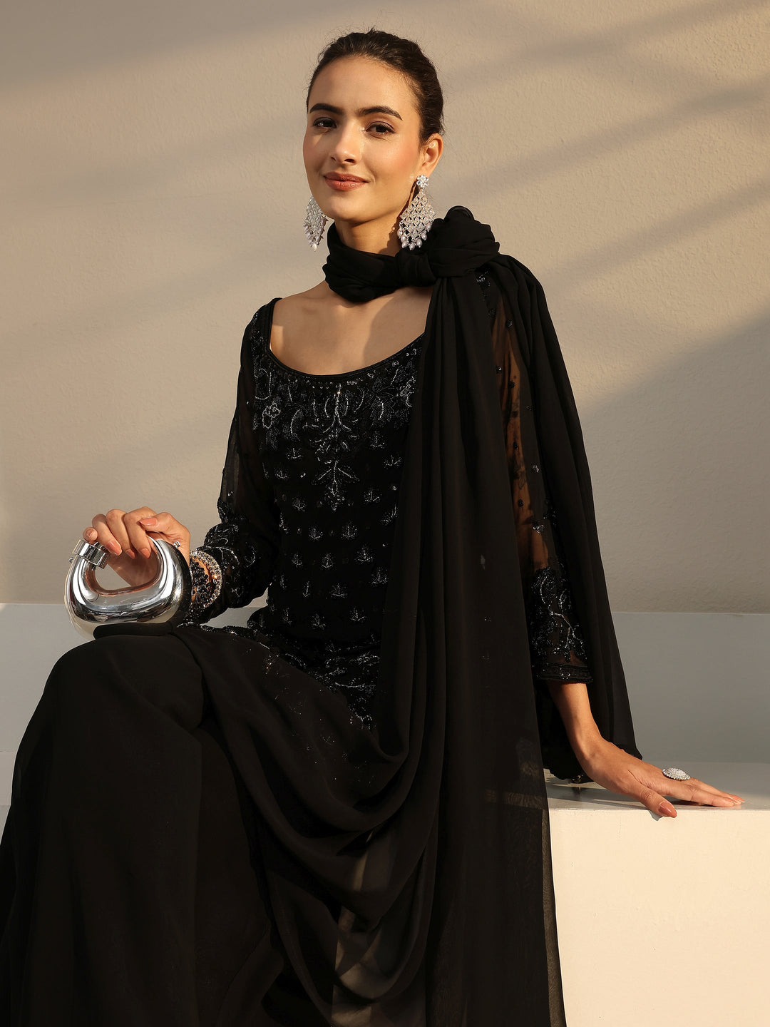  Libas Art Black Embellished Georgette Palazzo Suit Set With Dupatta 