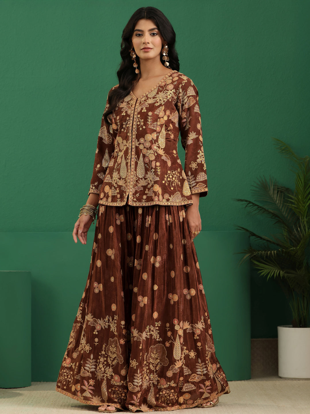  Libas Art Brown Floral Embroidered Silk Blend Sharara Suit Set 