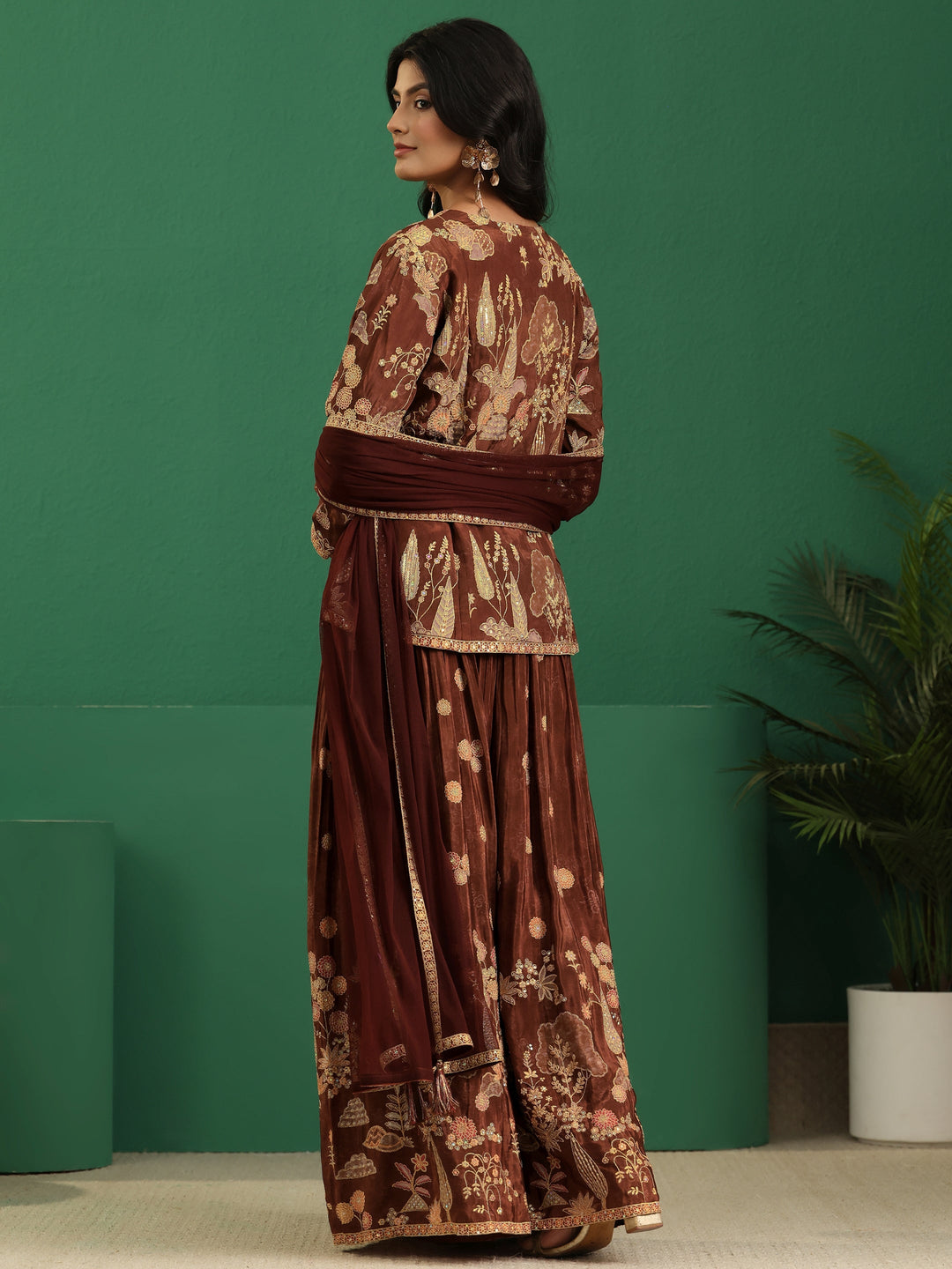  Libas Art Brown Floral Embroidered Silk Blend Sharara Suit Set 