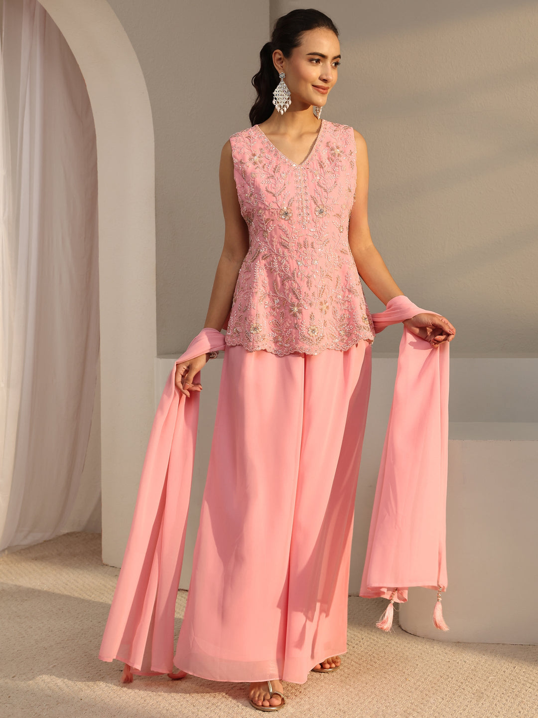  Libas Art Pink Embellished Georgette Palazzo Suit Set With Dupatta 