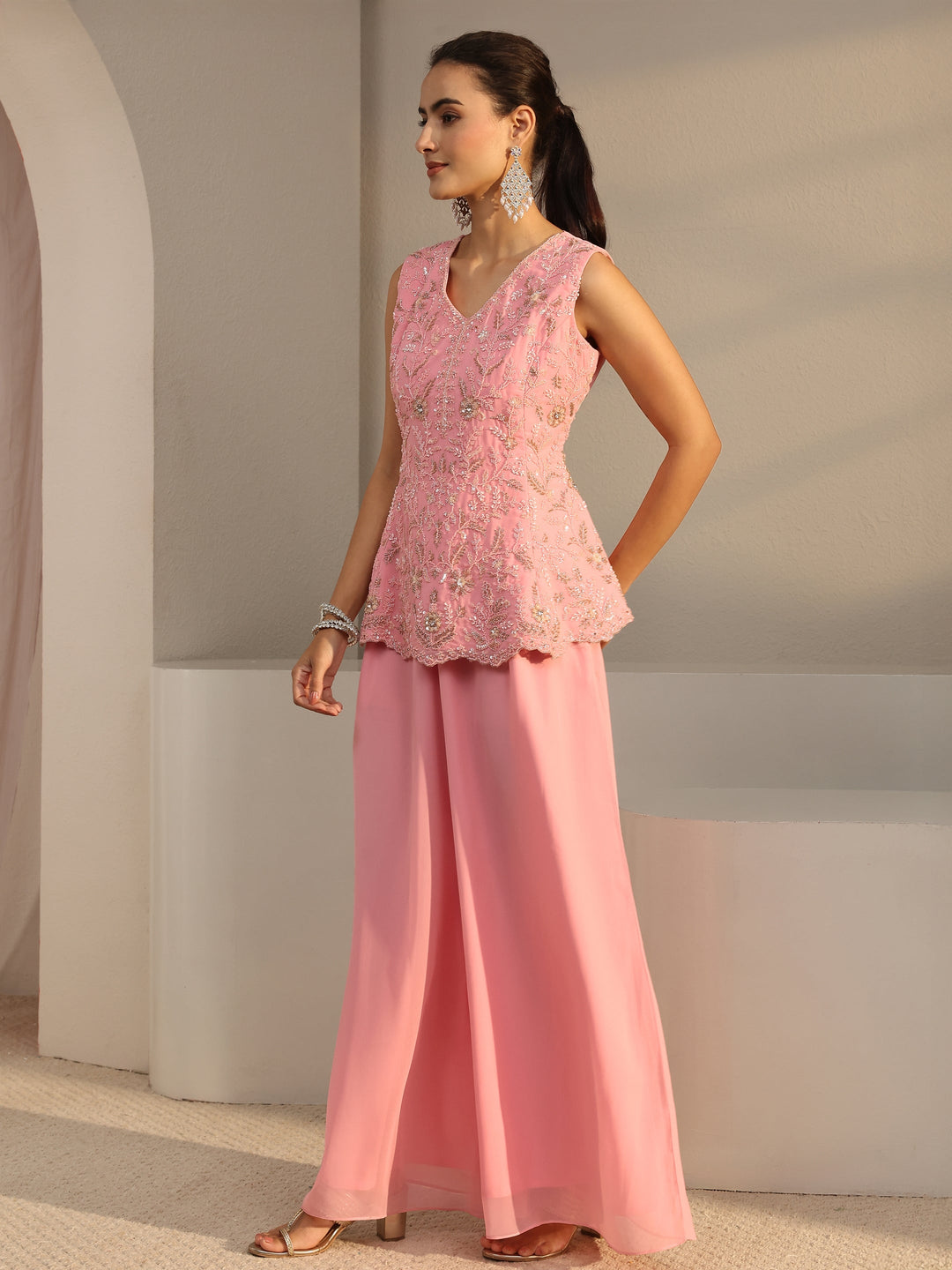  Libas Art Pink Embellished Georgette Palazzo Suit Set With Dupatta 
