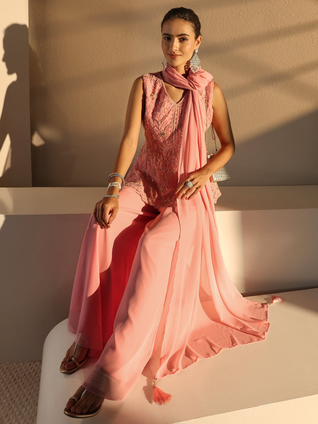  Libas Art Pink Embellished Georgette Palazzo Suit Set With Dupatta 