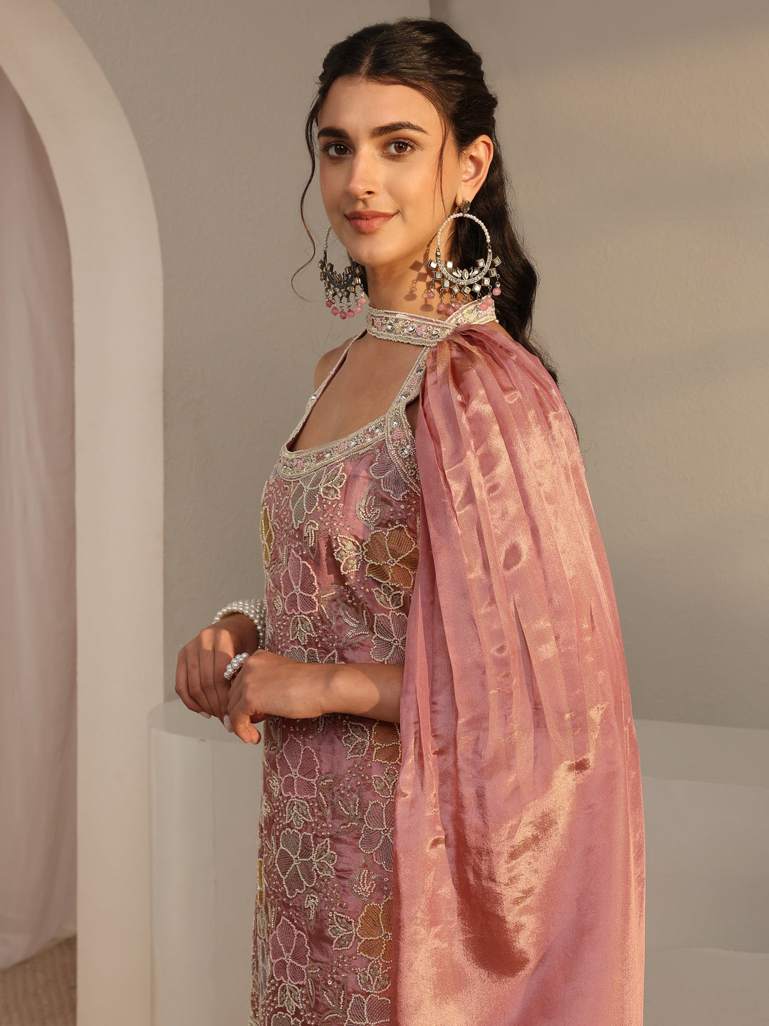  Libas Art Pink Embellished Tissue Dhoti-Style Suit Set With Dupatta 