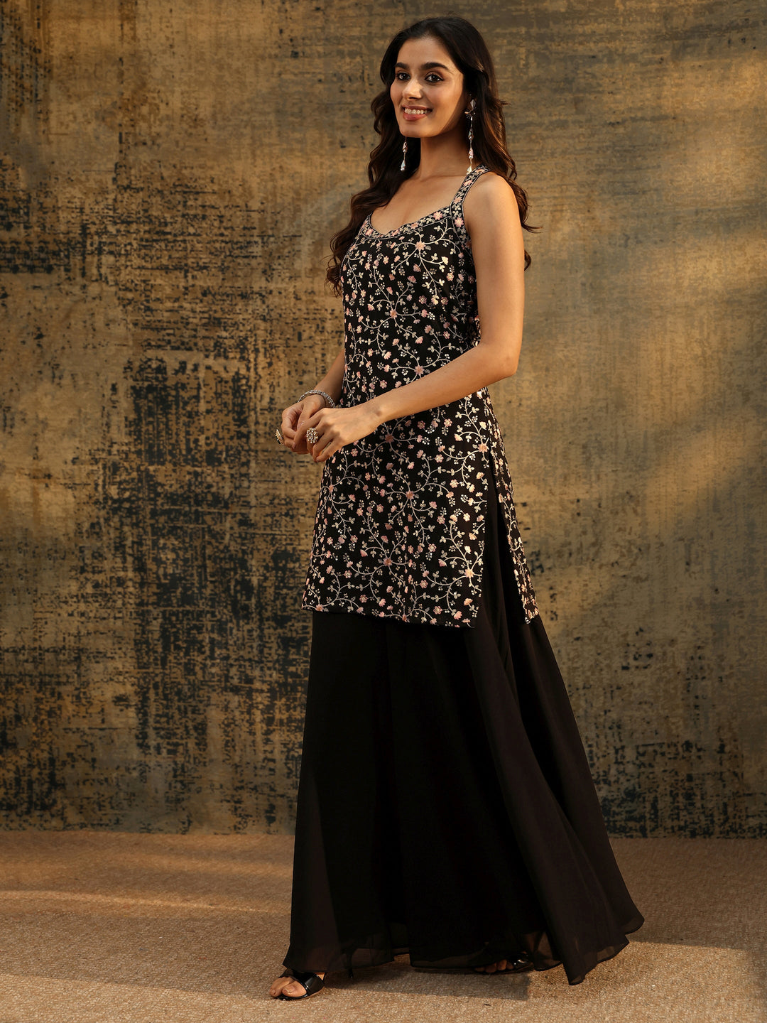  Libas Art Black Strappy Floral Embroidered Georgette Palazzo Suit Set 