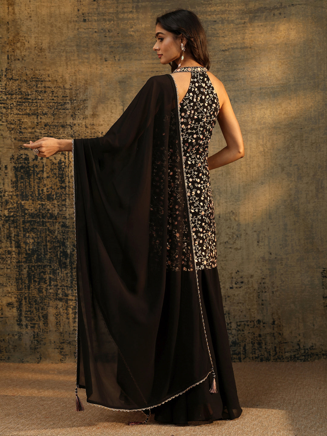  Libas Art Black Strappy Floral Embroidered Georgette Palazzo Suit Set 