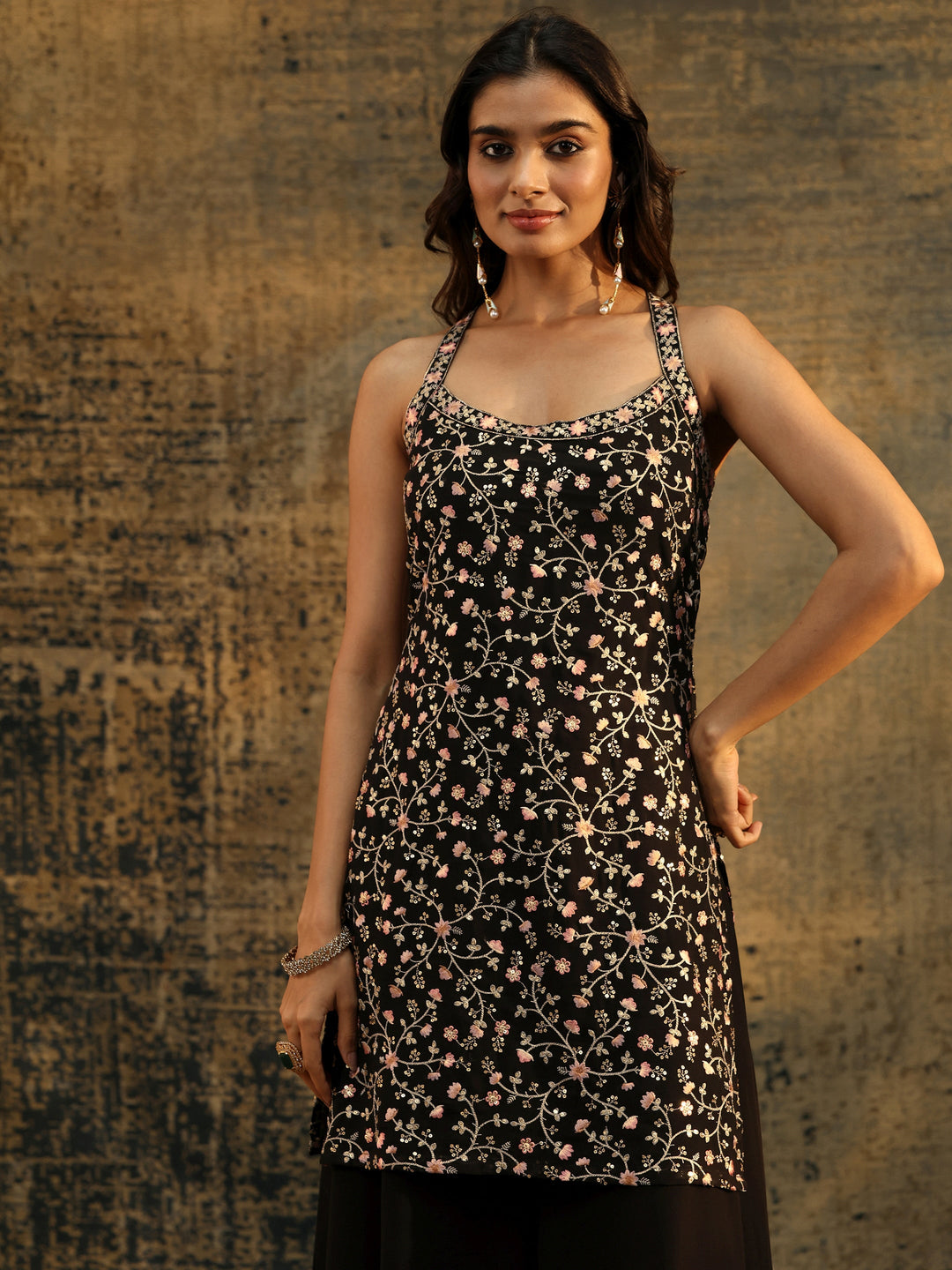  Libas Art Black Strappy Floral Embroidered Georgette Palazzo Suit Set 