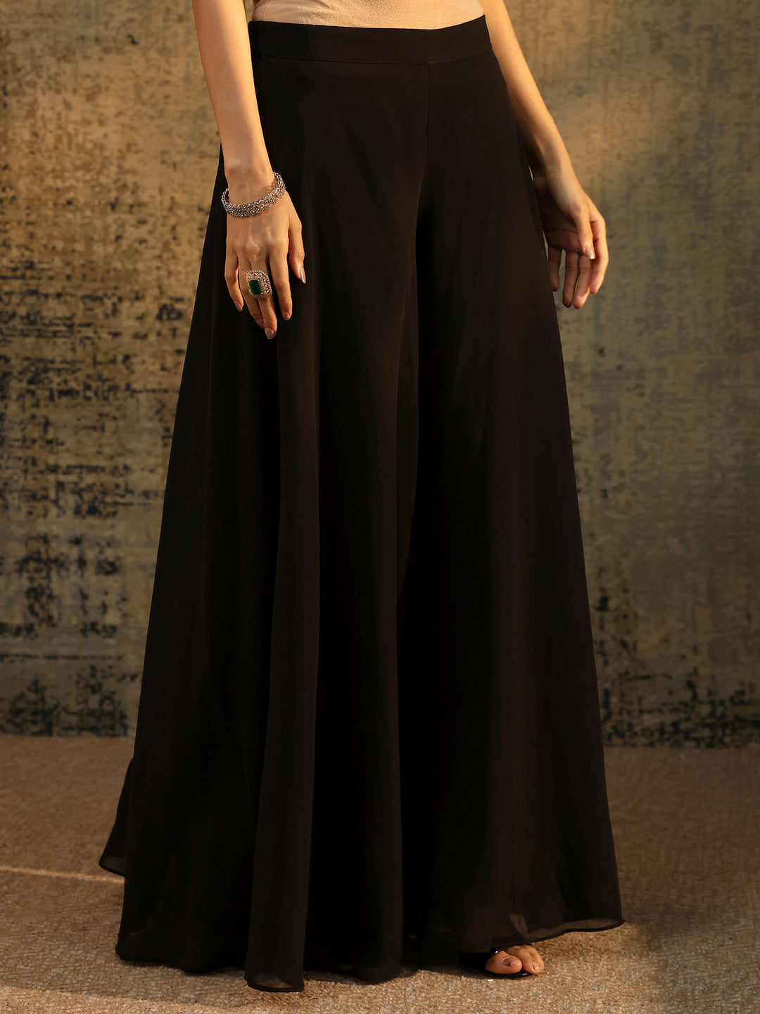  Libas Art Black Strappy Floral Embroidered Georgette Palazzo Suit Set 