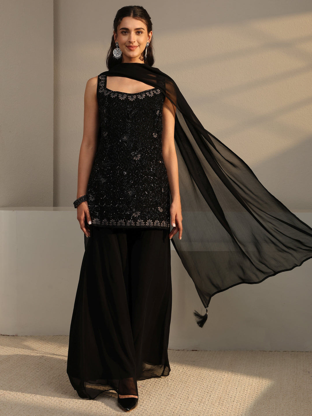  Libas Art Black Embellished Georgette Sharara Suit Set With Dupatta 