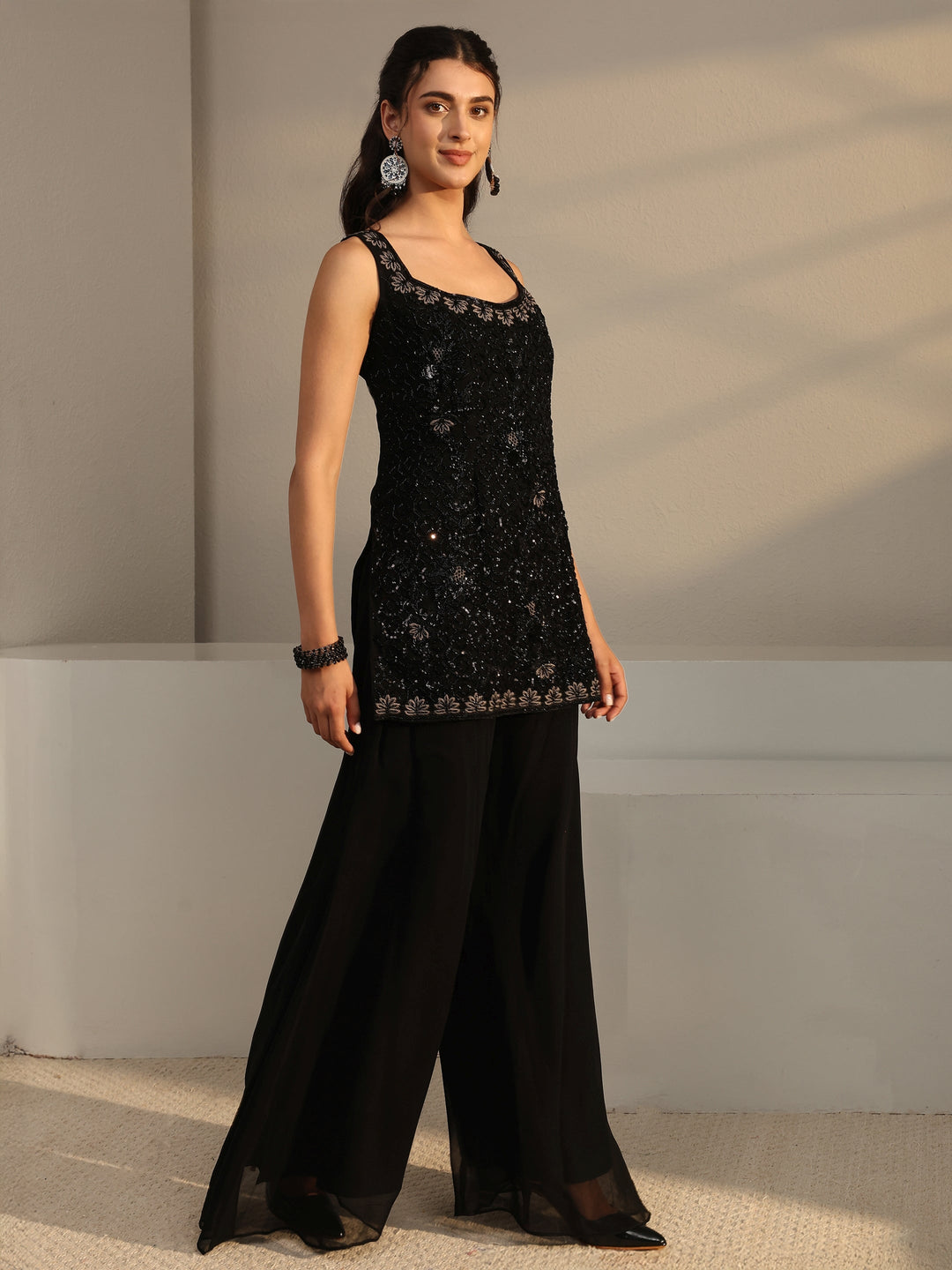  Libas Art Black Embellished Georgette Sharara Suit Set With Dupatta 