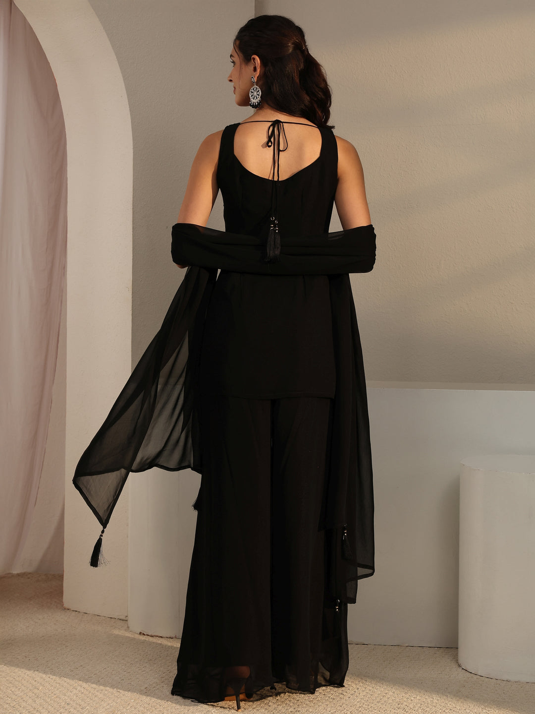  Libas Art Black Embellished Georgette Sharara Suit Set With Dupatta 