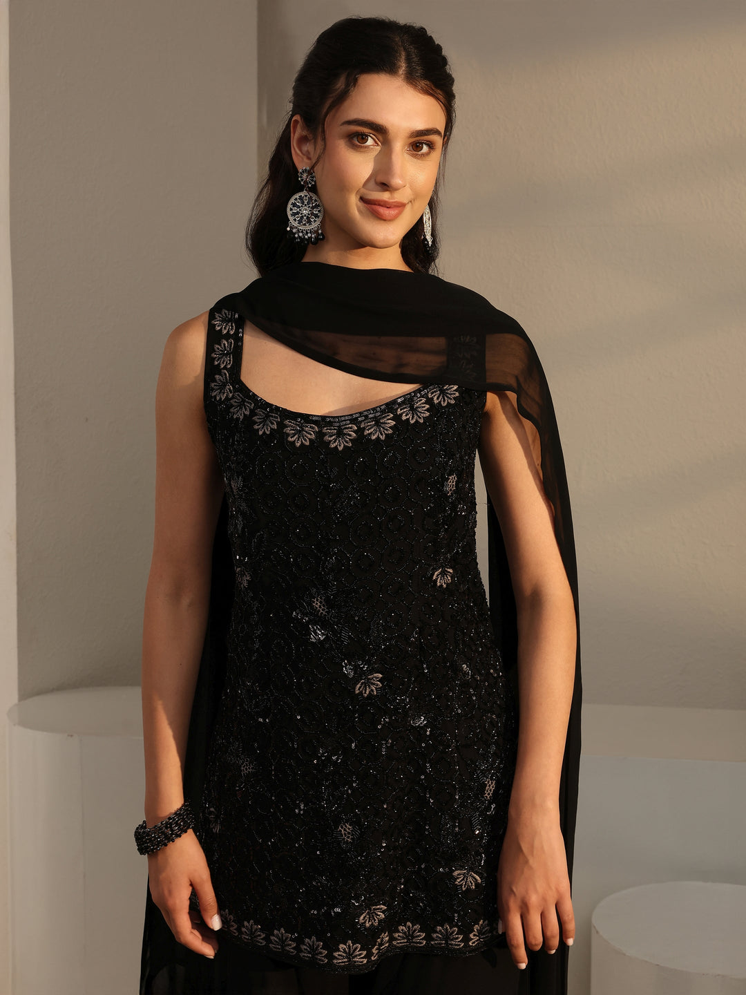  Libas Art Black Embellished Georgette Sharara Suit Set With Dupatta 