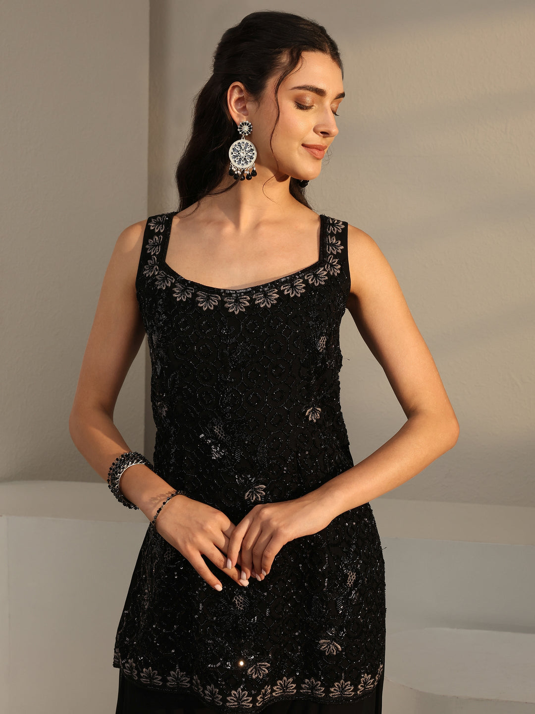  Libas Art Black Embellished Georgette Sharara Suit Set With Dupatta 