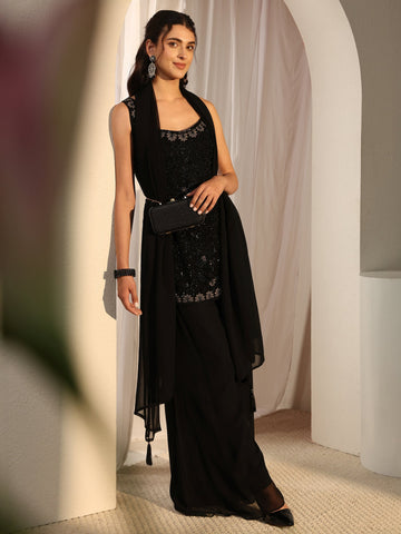 Libas Art Black Embellished Georgette Sharara Suit Set With Dupatta