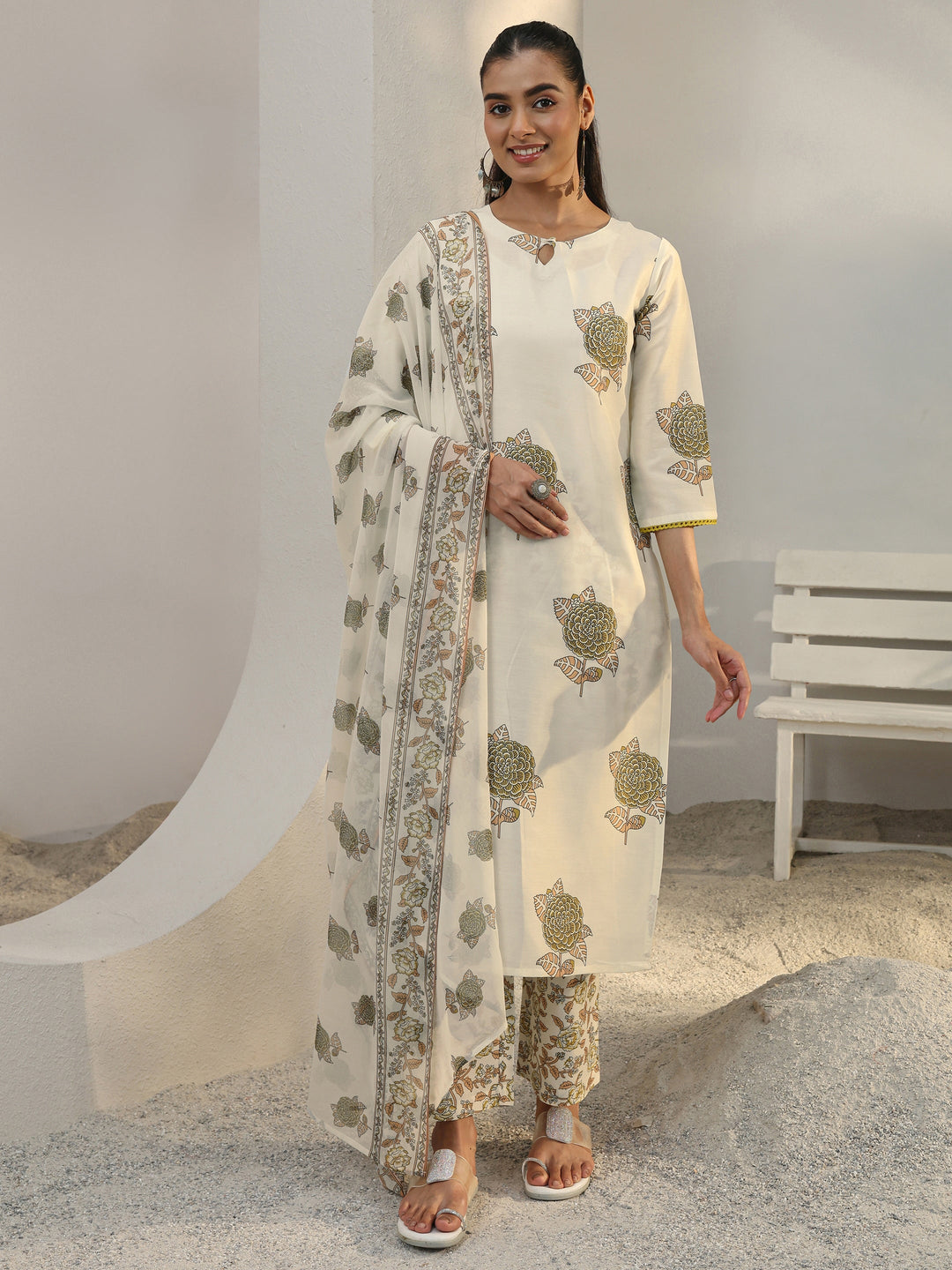  Off White Floral Printed Cotton Blend Straight Suit Set With Dupatta 