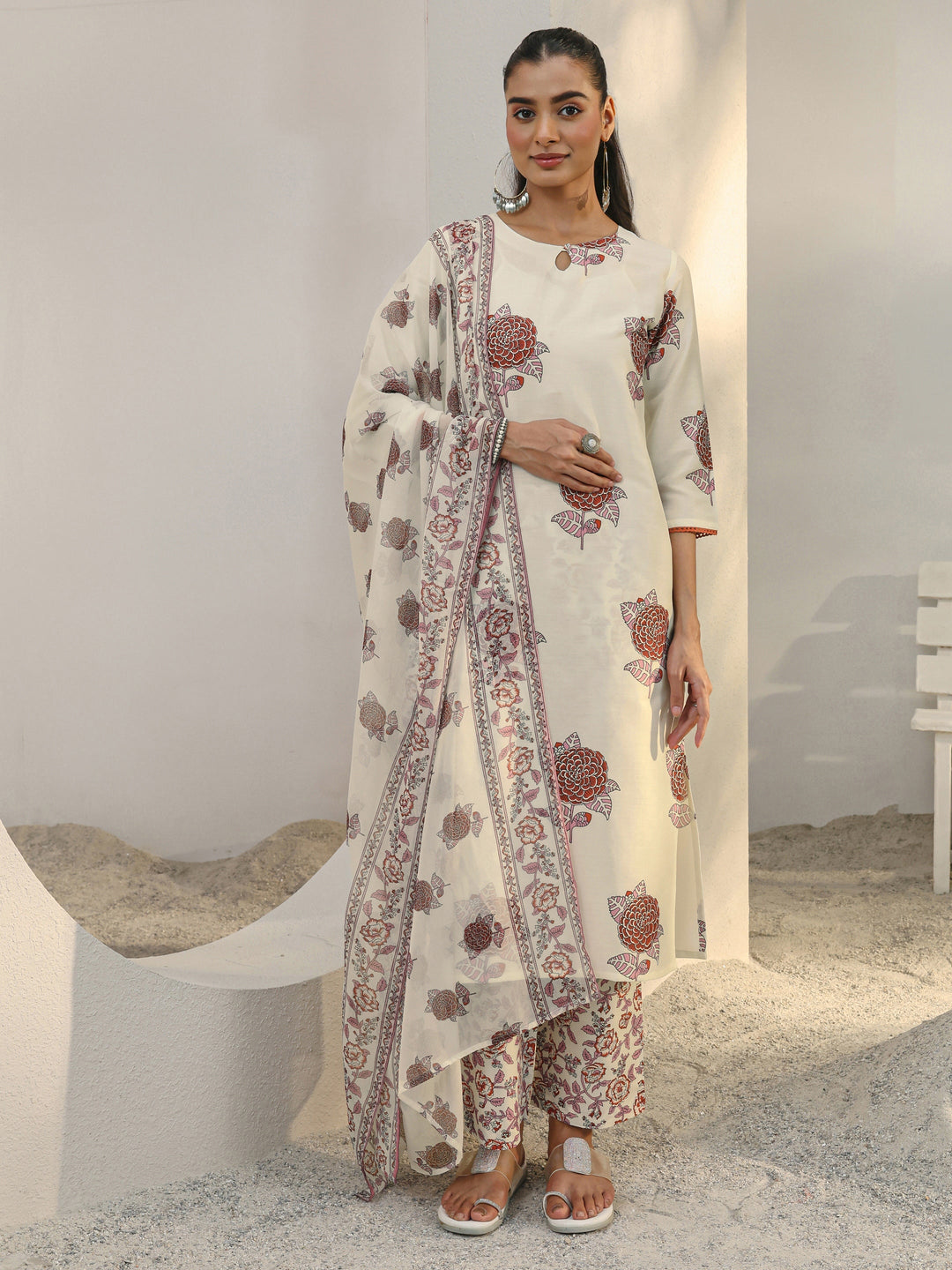  Off White Floral Printed Cotton Blend Straight Suit Set With Dupatta 