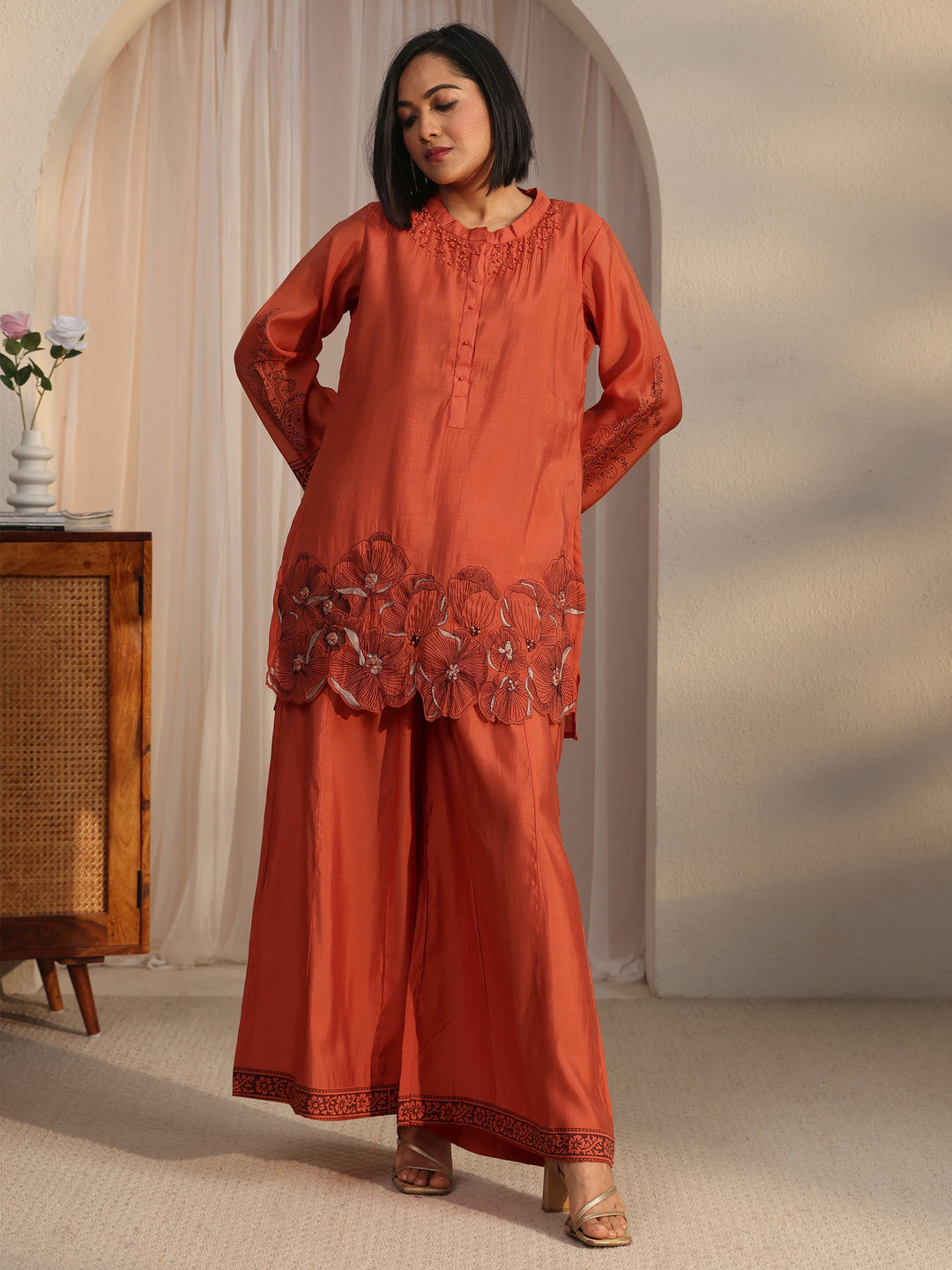  Libas Rust Orange Floral Embroidered Silk Blend Co-Ord Set 