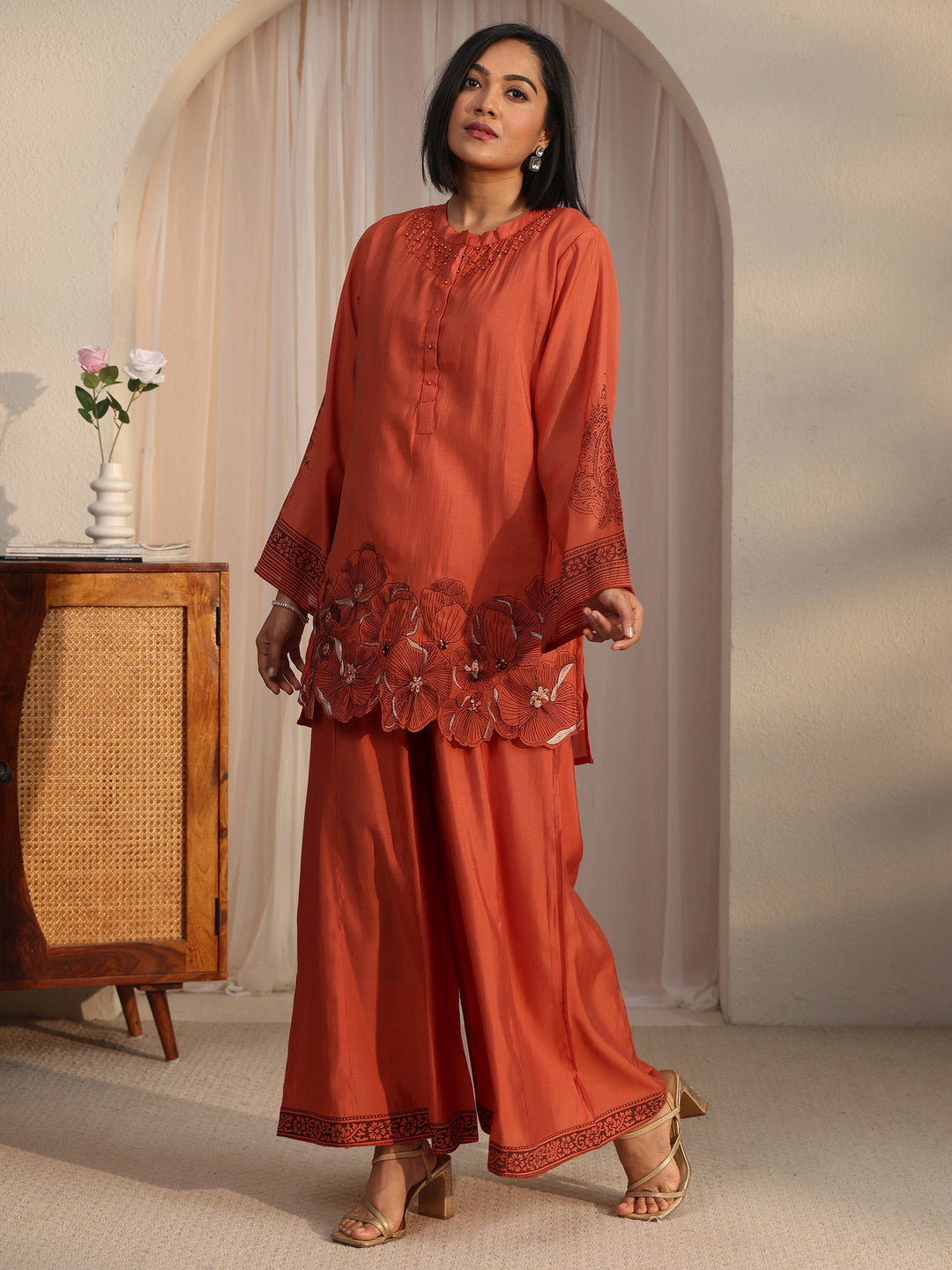  Libas Rust Orange Floral Embroidered Silk Blend Co-Ord Set 