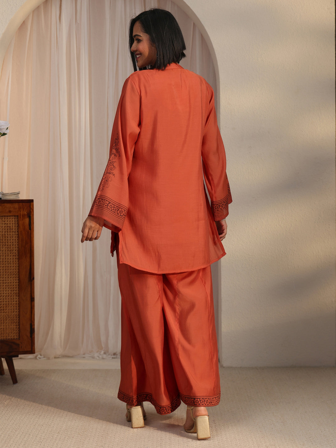  Libas Rust Orange Floral Embroidered Silk Blend Co-Ord Set 