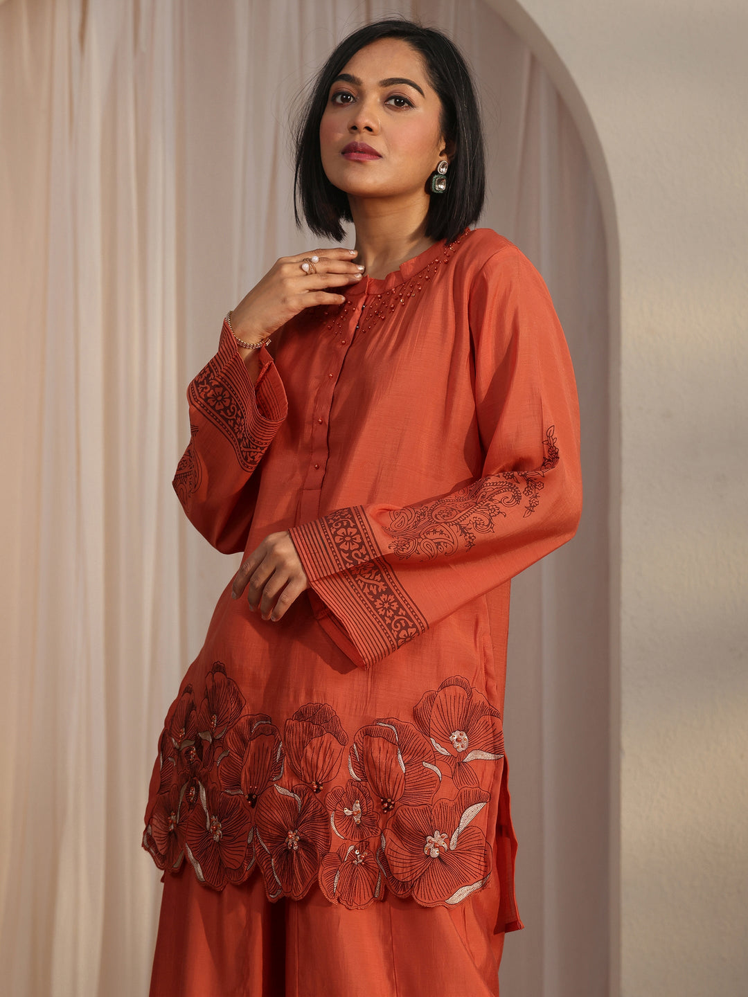  Libas Rust Orange Floral Embroidered Silk Blend Co-Ord Set 