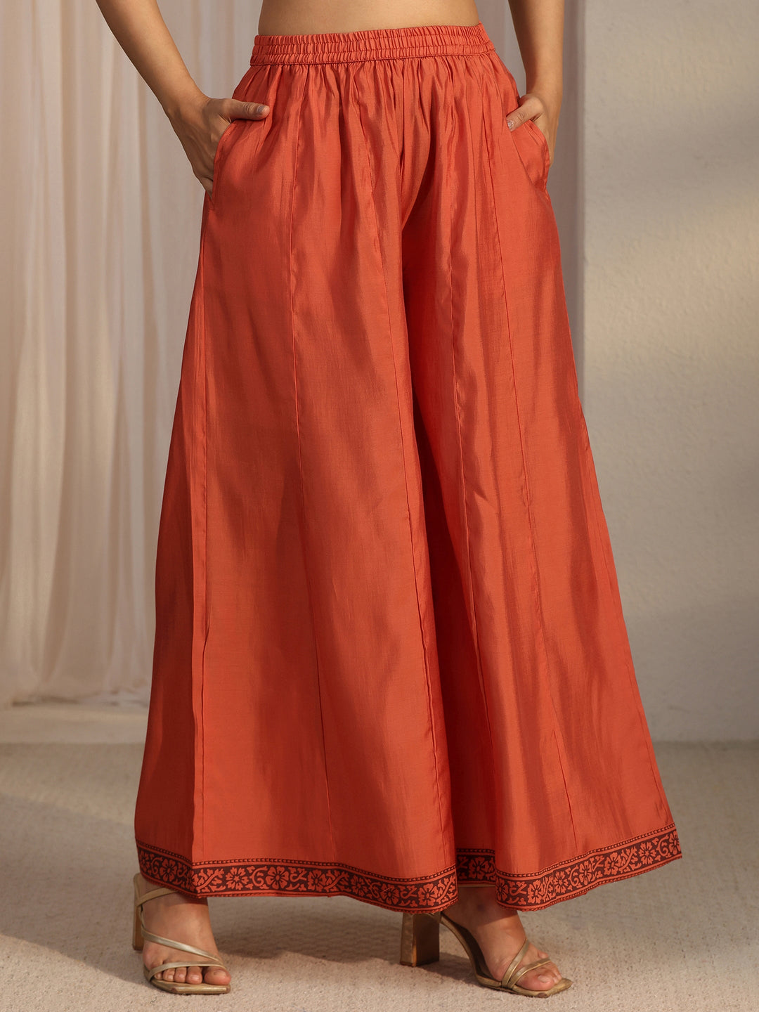  Libas Rust Orange Floral Embroidered Silk Blend Co-Ord Set 