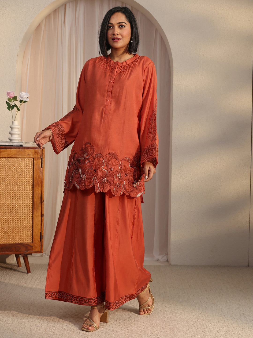 Libas Rust Orange Floral Embroidered Silk Blend Co-Ord Set 