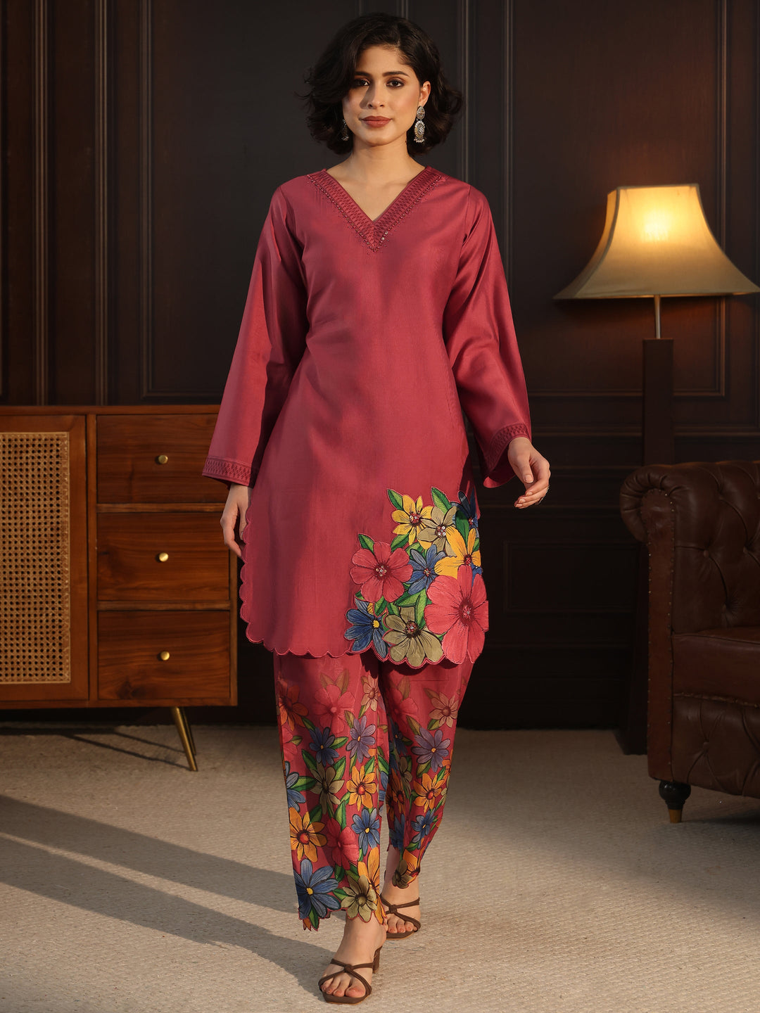  Libas Rust Red Floral Embroidered Silk Blend Co-Ord Set 