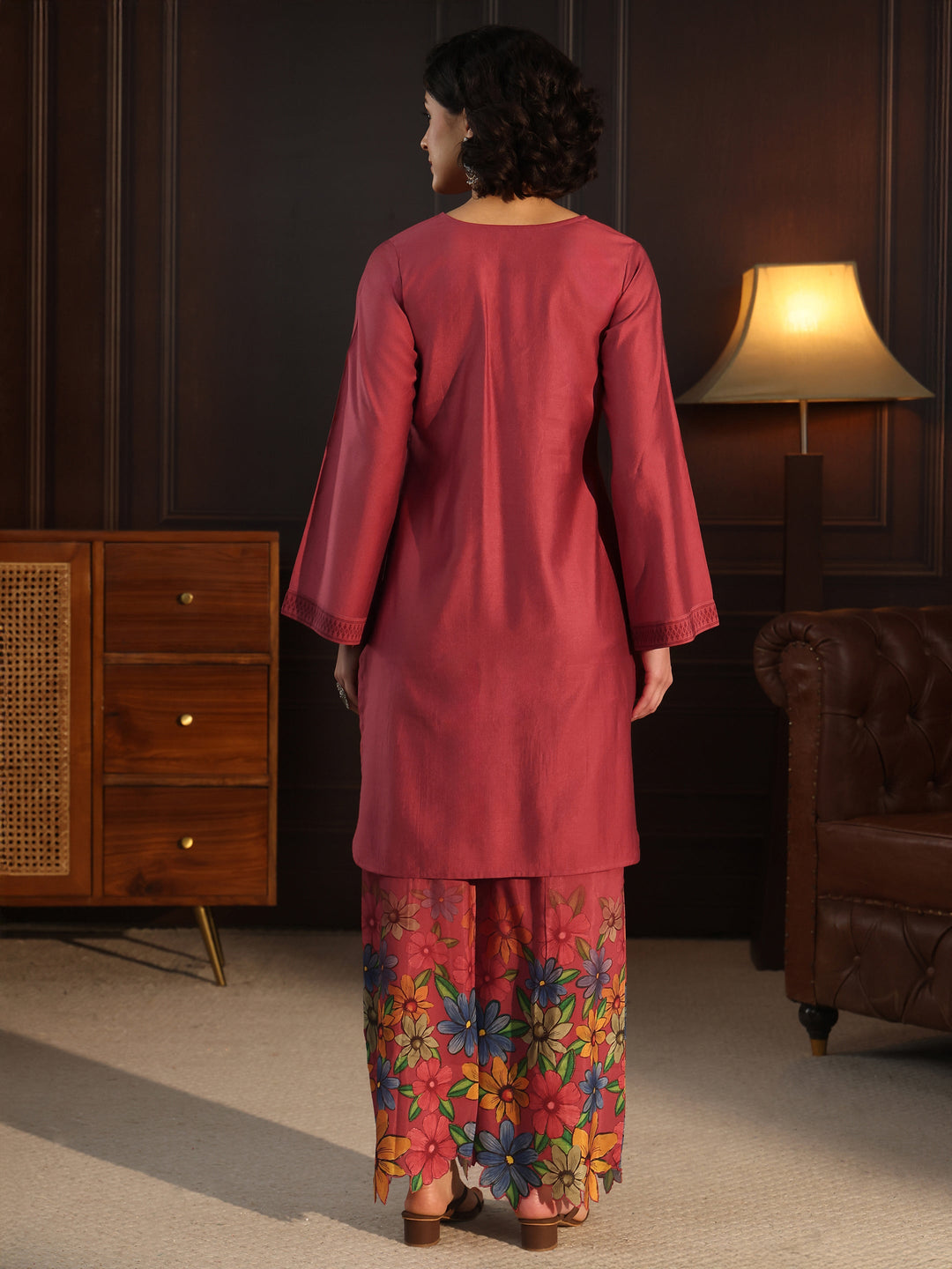  Libas Rust Red Floral Embroidered Silk Blend Co-Ord Set 