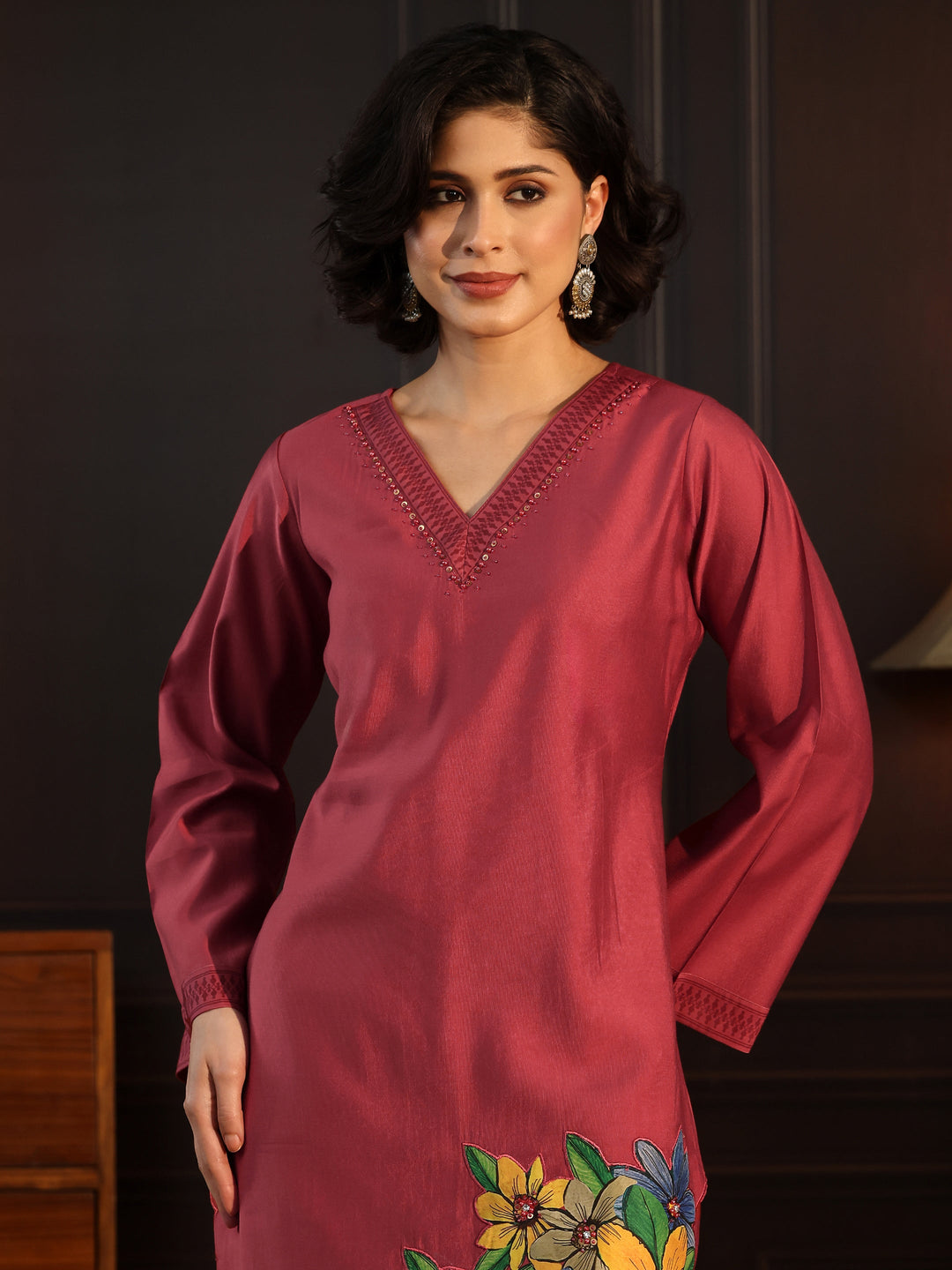  Libas Rust Red Floral Embroidered Silk Blend Co-Ord Set 