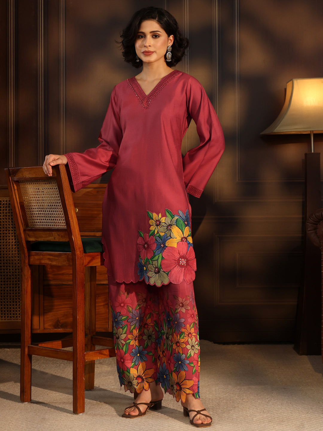  Libas Rust Red Floral Embroidered Silk Blend Co-Ord Set 