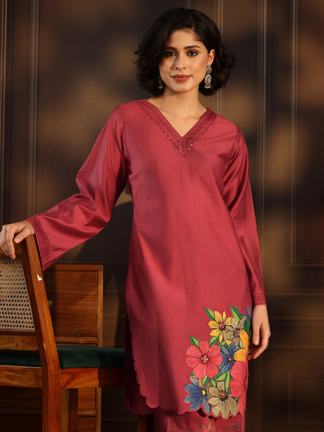  Libas Rust Red Floral Embroidered Silk Blend Co-Ord Set 