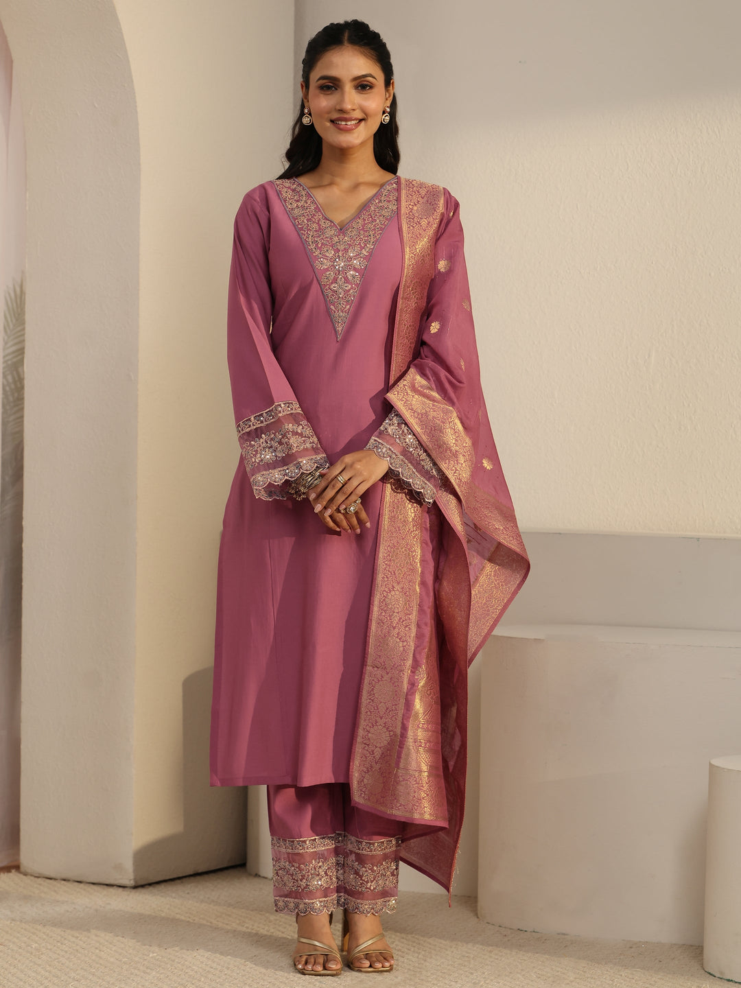  Libas Dusty Pink Floral Yoke Silk Blend Straight Suit Set 