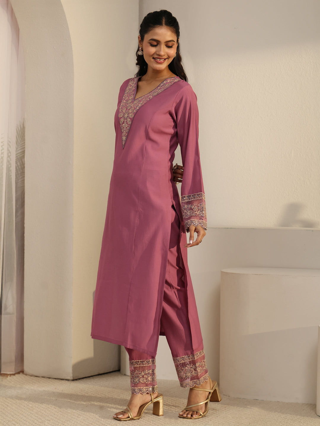  Libas Dusty Pink Floral Yoke Silk Blend Straight Suit Set 