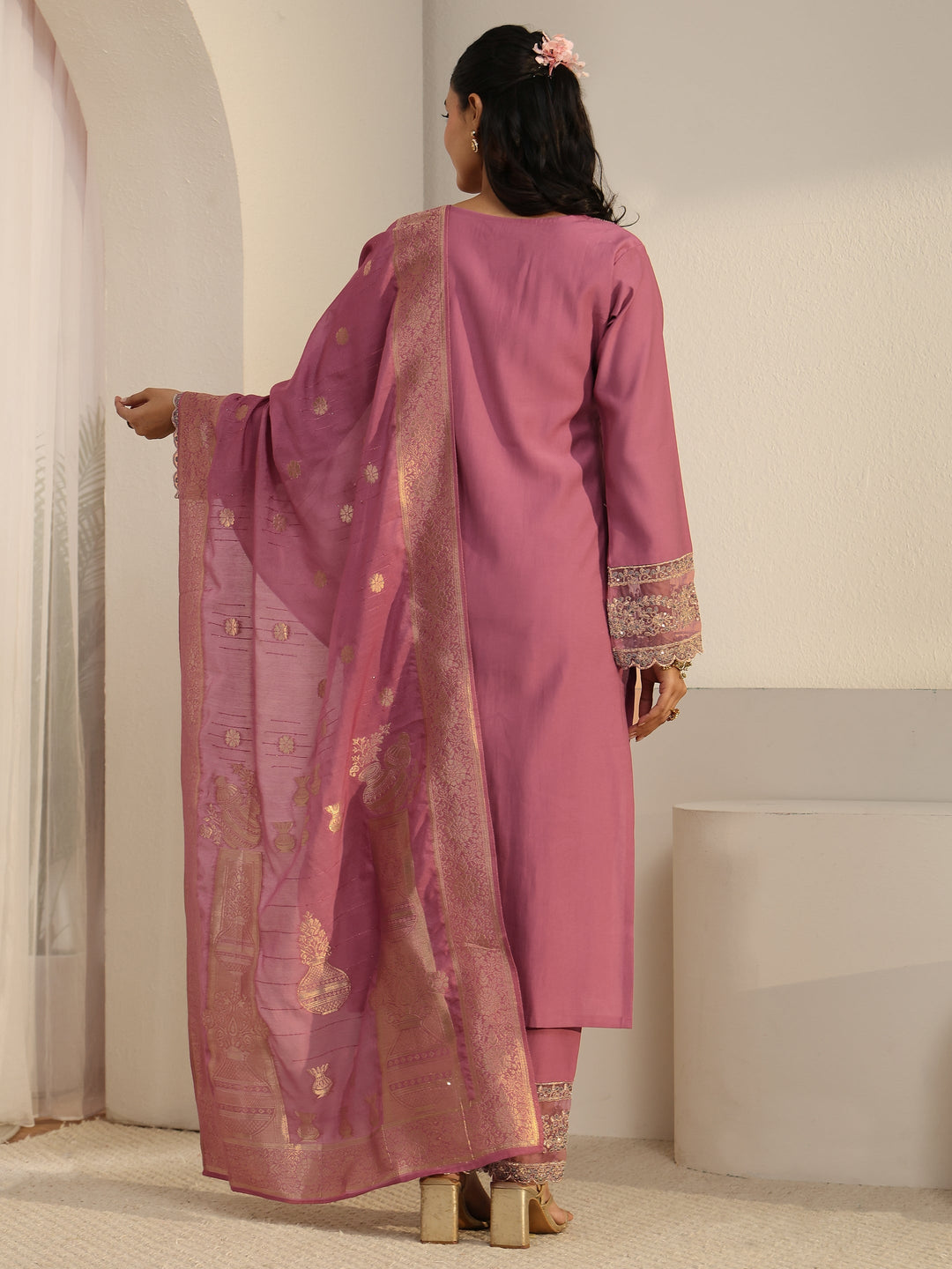  Libas Dusty Pink Floral Yoke Silk Blend Straight Suit Set 