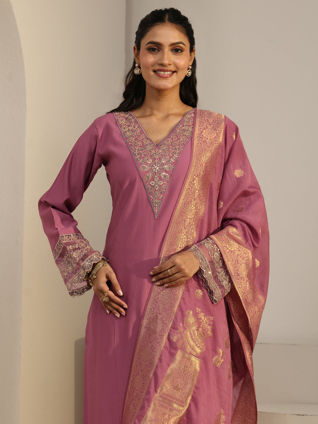  Libas Dusty Pink Floral Yoke Silk Blend Straight Suit Set 