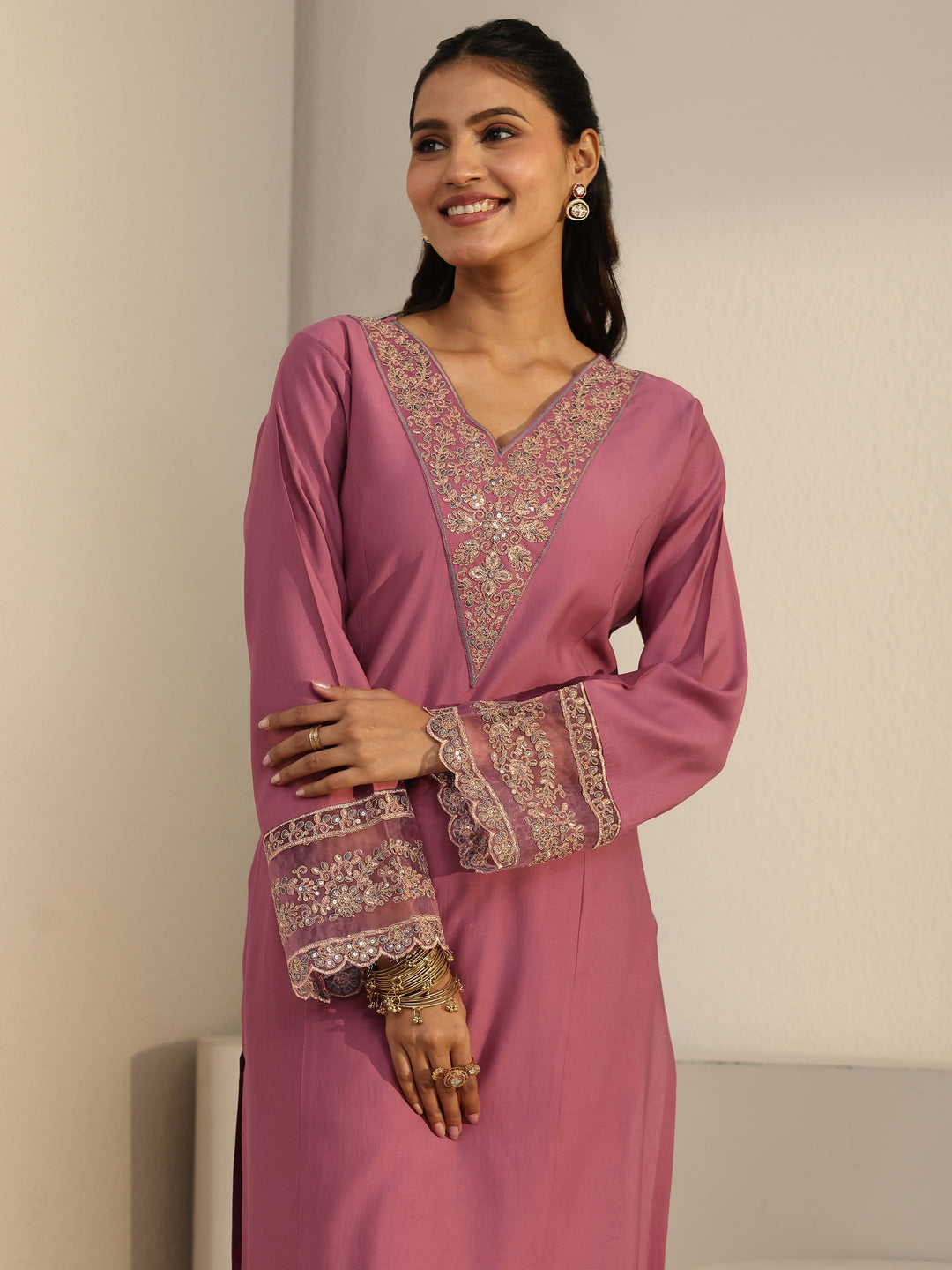 Libas Dusty Pink Floral Yoke Silk Blend Straight Suit Set 