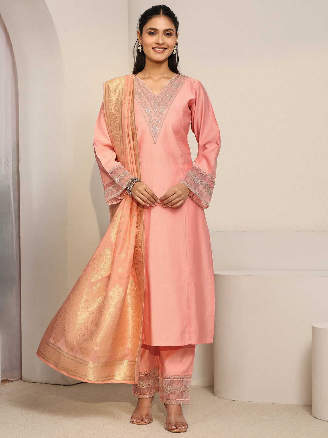  Libas Peach Pink Floral Yoke Silk Blend Straight Suit Set 