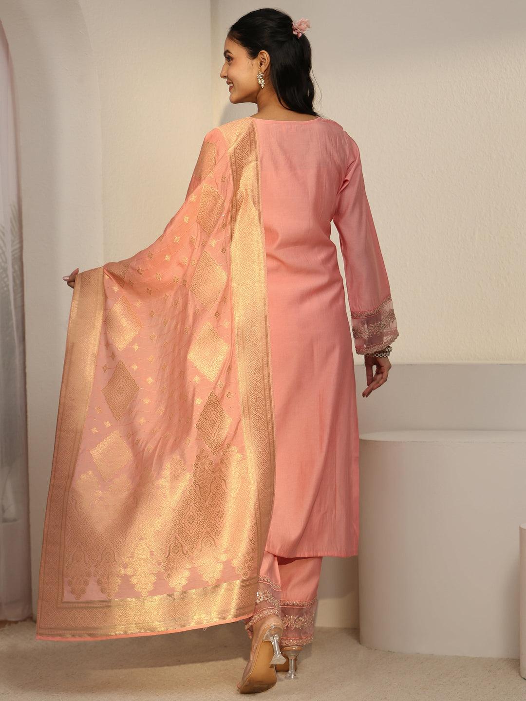  Libas Peach Pink Floral Yoke Silk Blend Straight Suit Set 