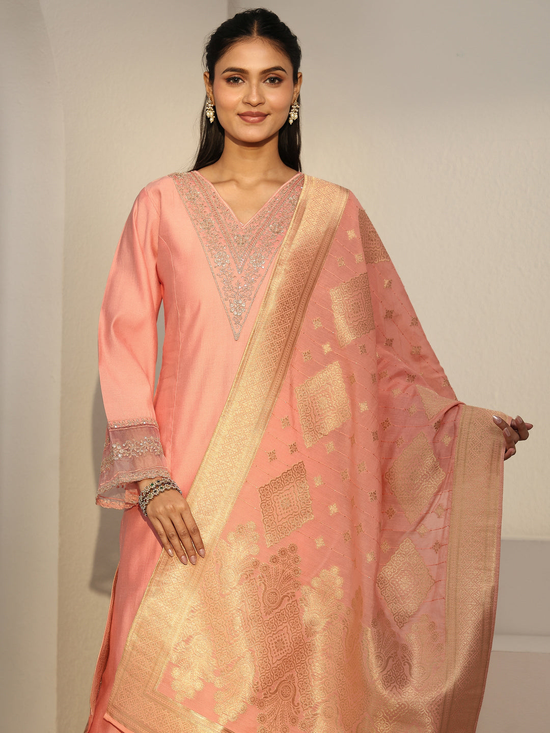  Libas Peach Pink Floral Yoke Silk Blend Straight Suit Set 