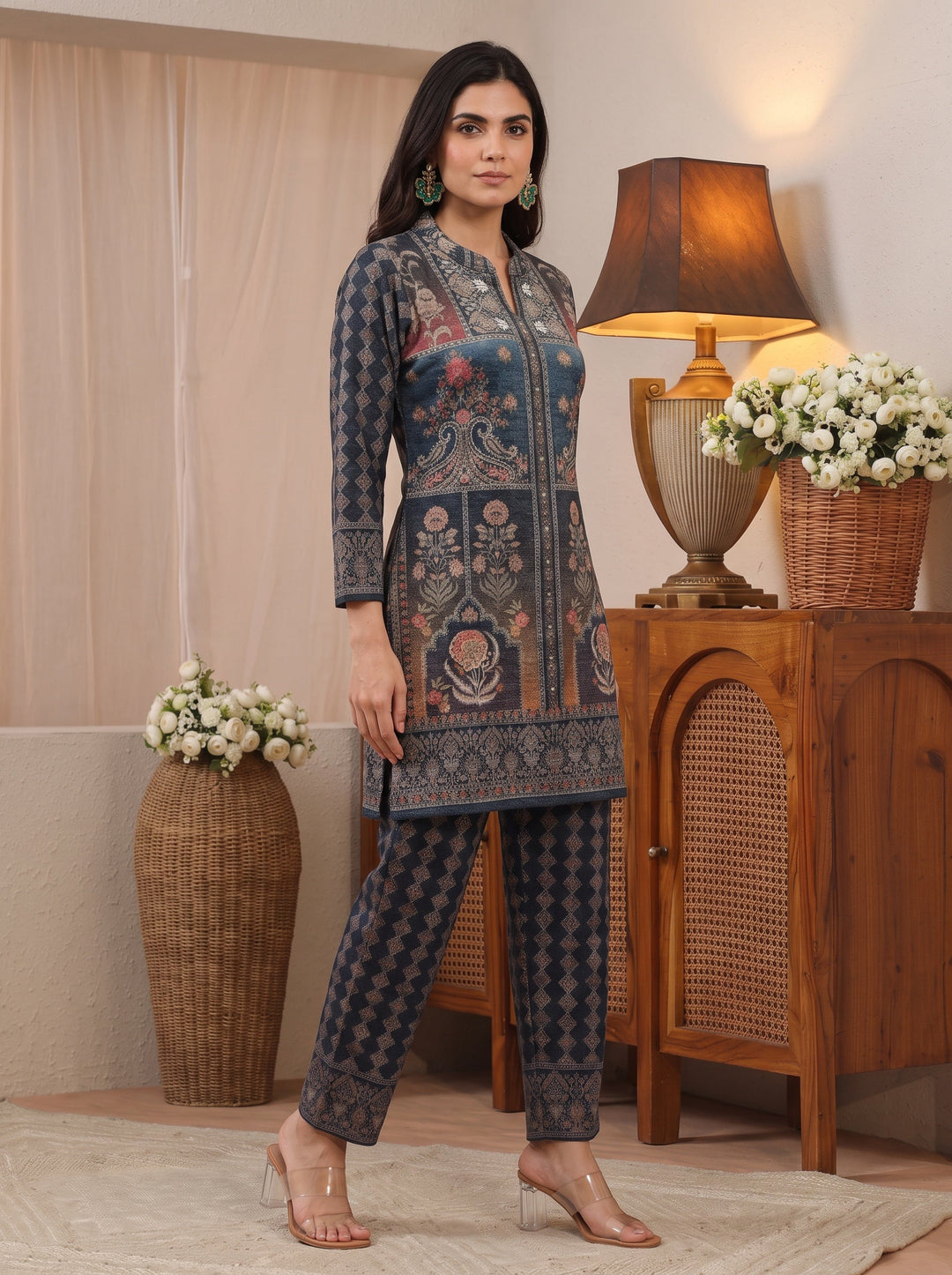  Libas Blue Floral Printed Woolen Co-Ord Set 