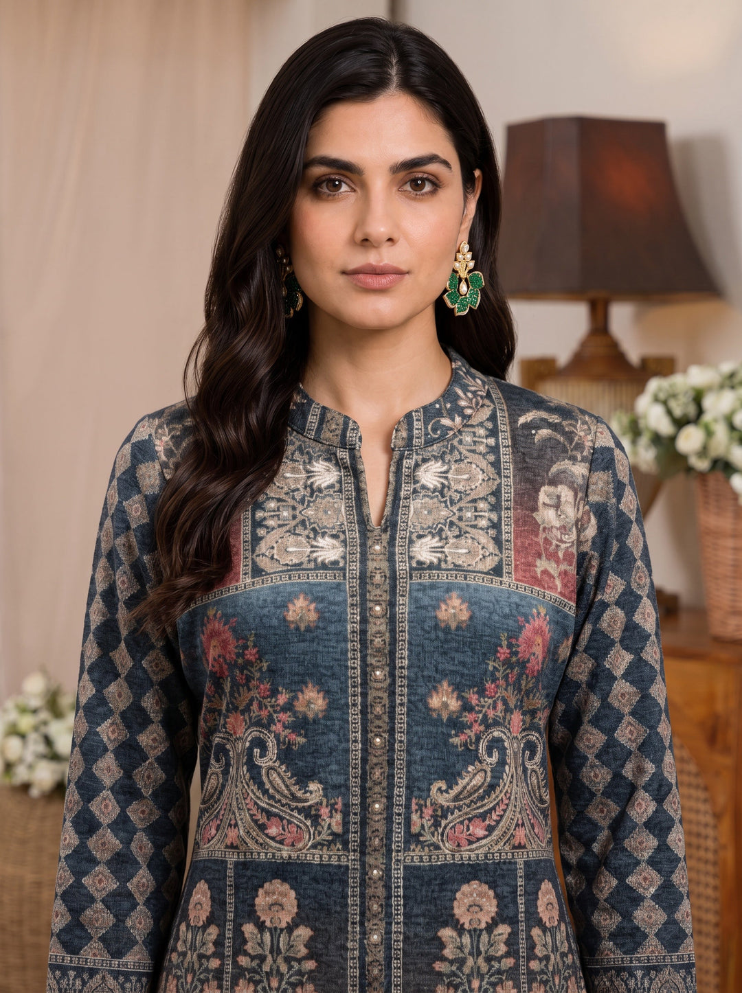  Libas Blue Floral Printed Woolen Co-Ord Set 